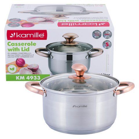 Кастрюля с крышкой Kamille 4.5л из нержавеющей стали и полыми ручками для индукции и газа KM-4933 4933 фото