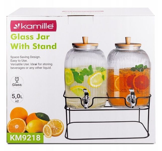 Лимонадник стеклянный Kamille с краником 10 л (2&times;5 л) с деревянной крышкой и подставкой KM-9218 9218 фото